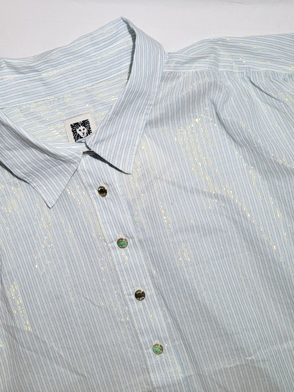 Anne Klein Light Blue Striped Blouse with Gold Metallic Detail